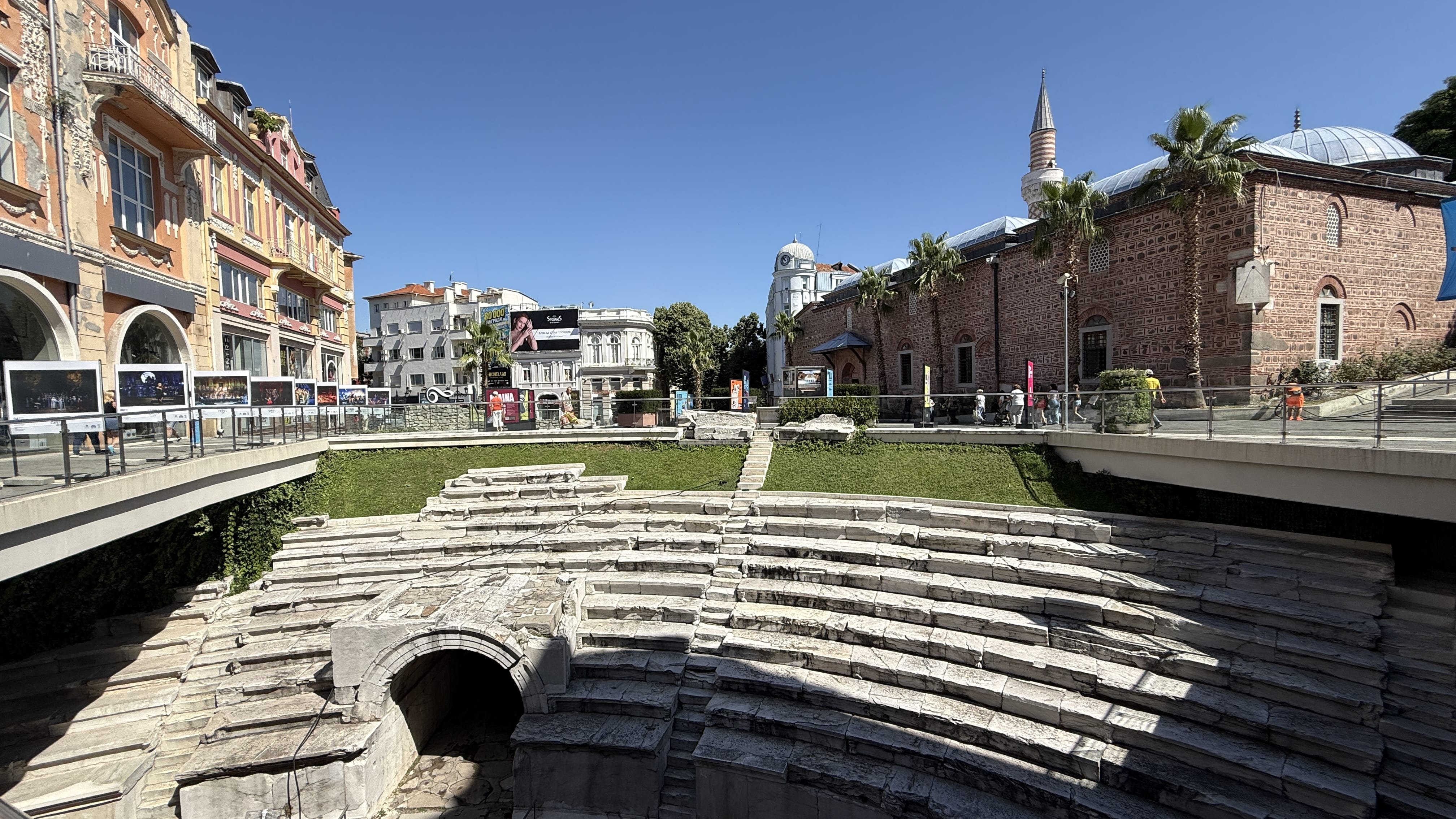 Stone seating and arched entrance of the Ancient Stadium of Philippopolis in central Plovdiv