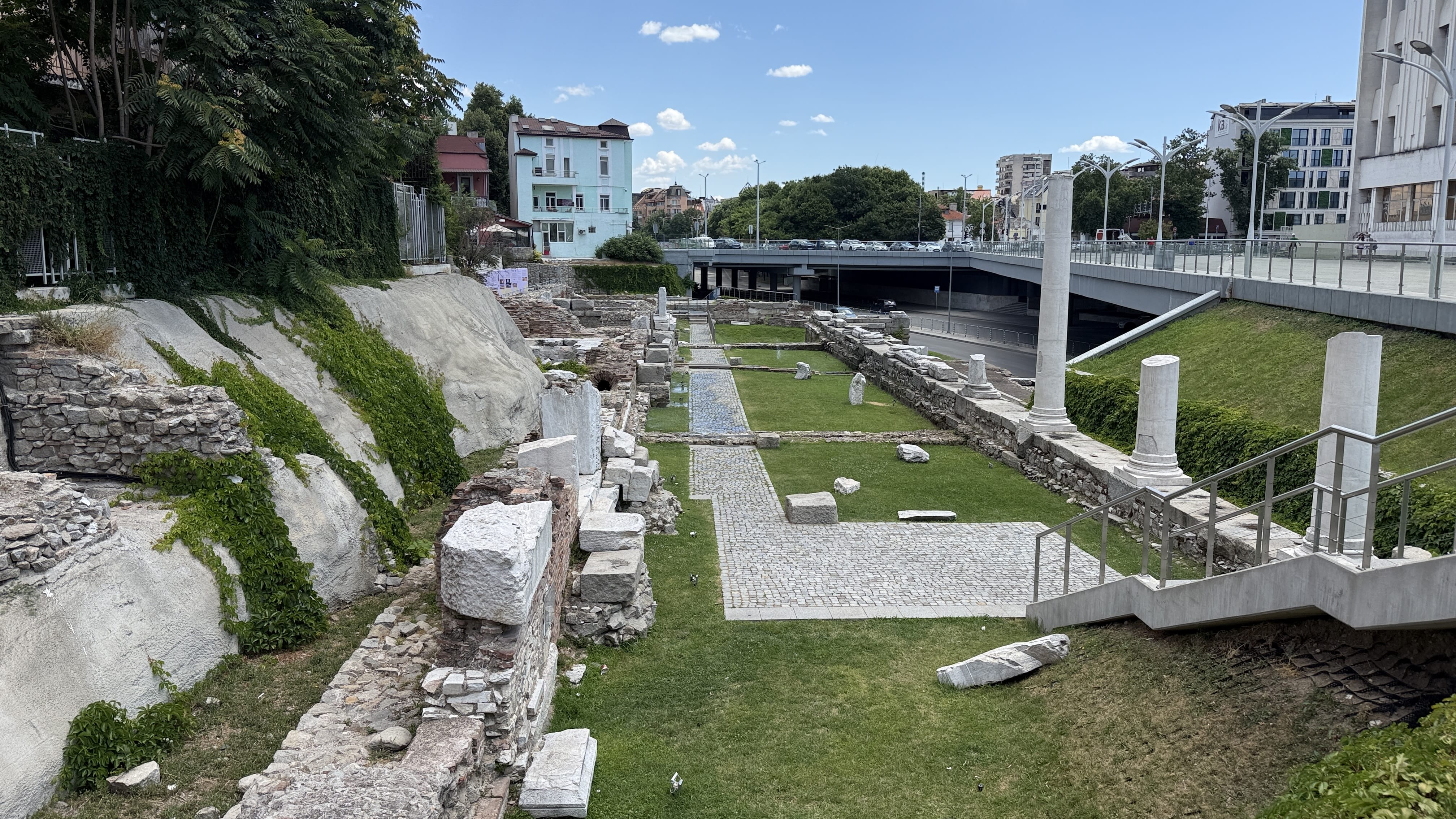 Ruins and columns of the ancient Roman Forum in central Plovdiv, Bulgaria