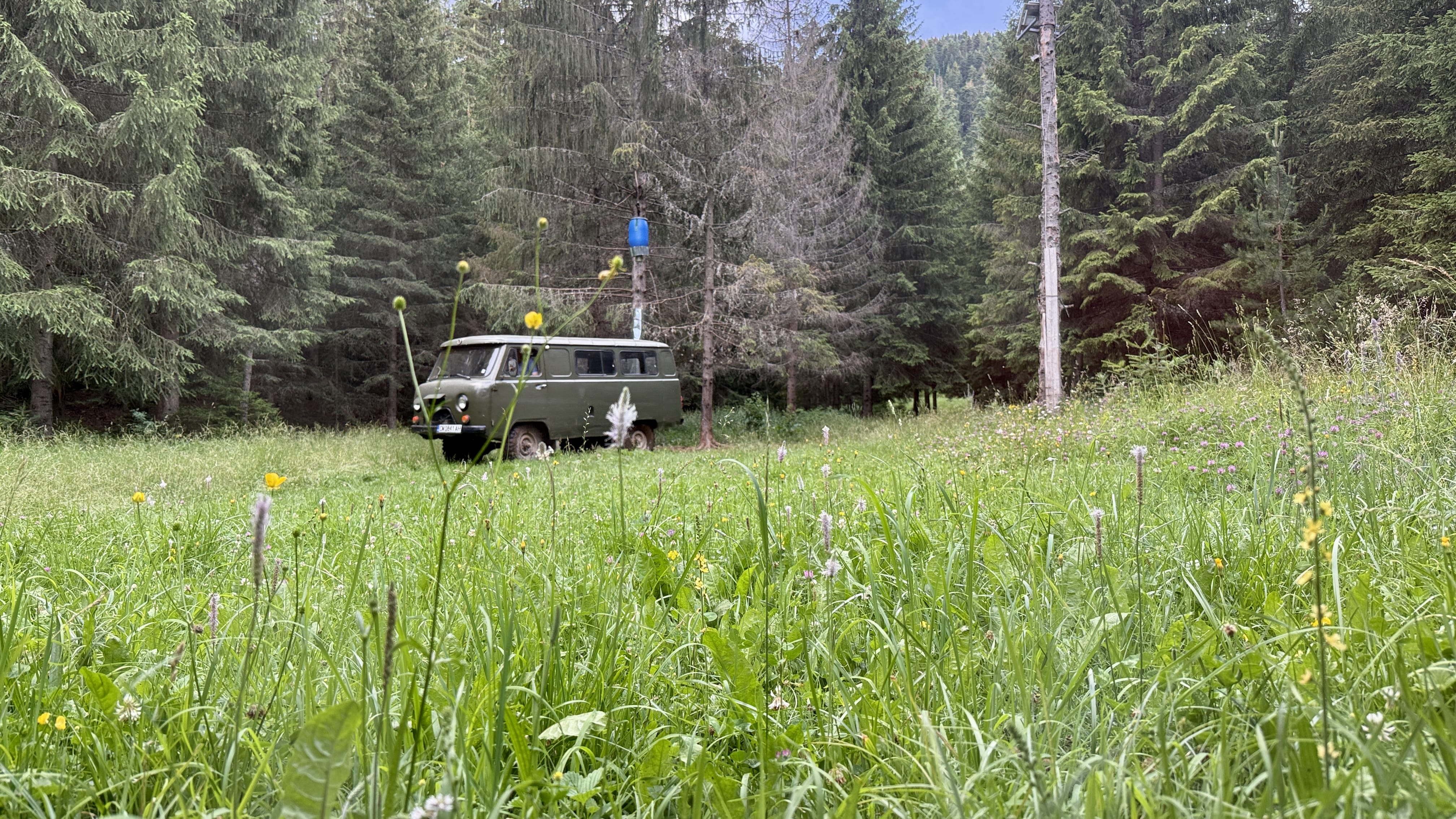 Old UAZ van in the Green UAZ van after dropping us at the bear-watching hide in Bulgaria's Rhodope Mountains