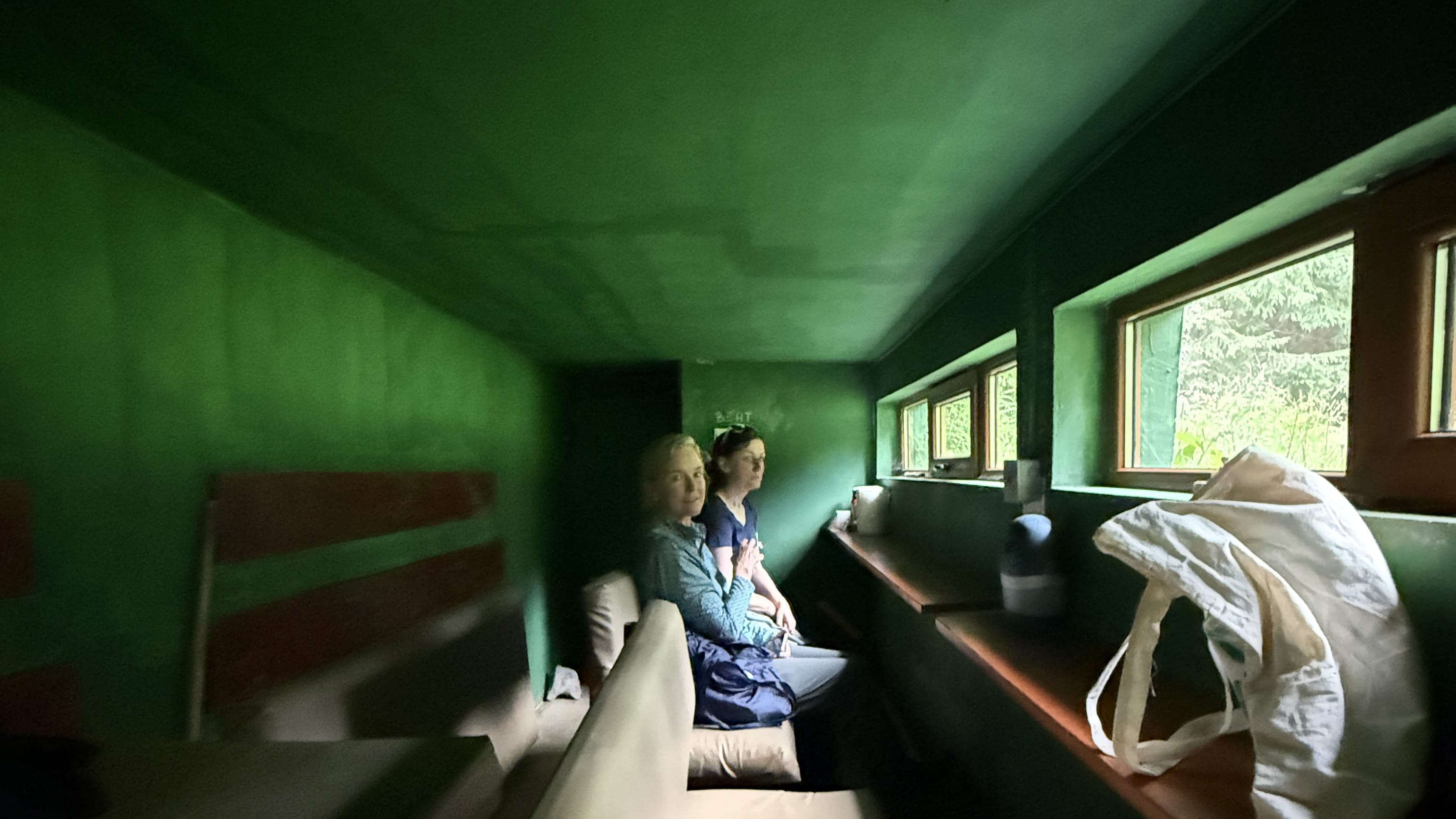 Inside a bear-watching hide with viewing windows in Bulgaria's Rhodope Mountains